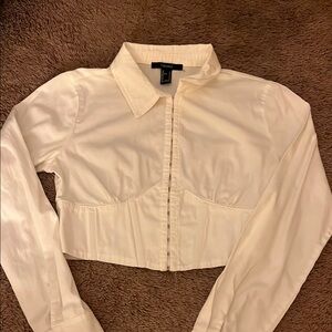 Forever 21 Cream Fitted Crop Blouse with Dress Shirt Collar